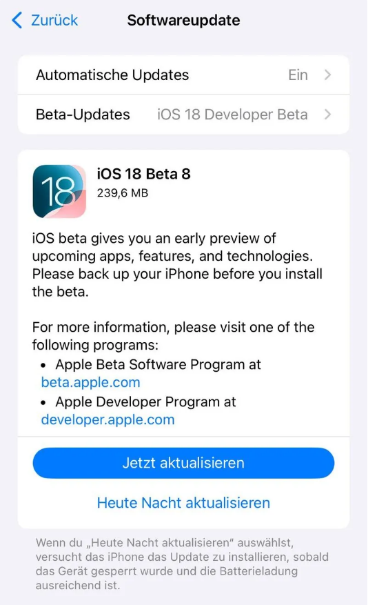 温州苹果手机维修分享苹果 iOS / iPadOS 18 开发者预览版 Beta 8 发布 